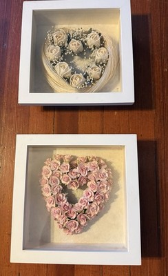 Set of 2 Vintage Shadow Box Floral Heart Wall Art Pink &Ivory Roses Framed Decor
