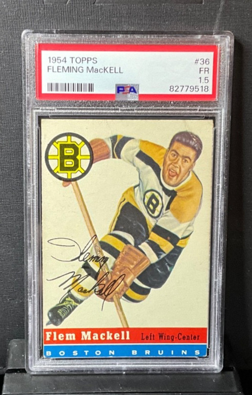 Fleming MacKell #36 Hockey Cards 1954 Topps trading card — raw and PSA graded price guide