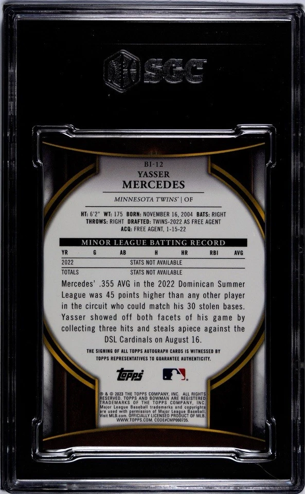 2023 Bowman Invicta Yasser Mercedes Auto #BI-12 Red Refractor /5 SGC 10 AUTO 10 - Image 2 of 2