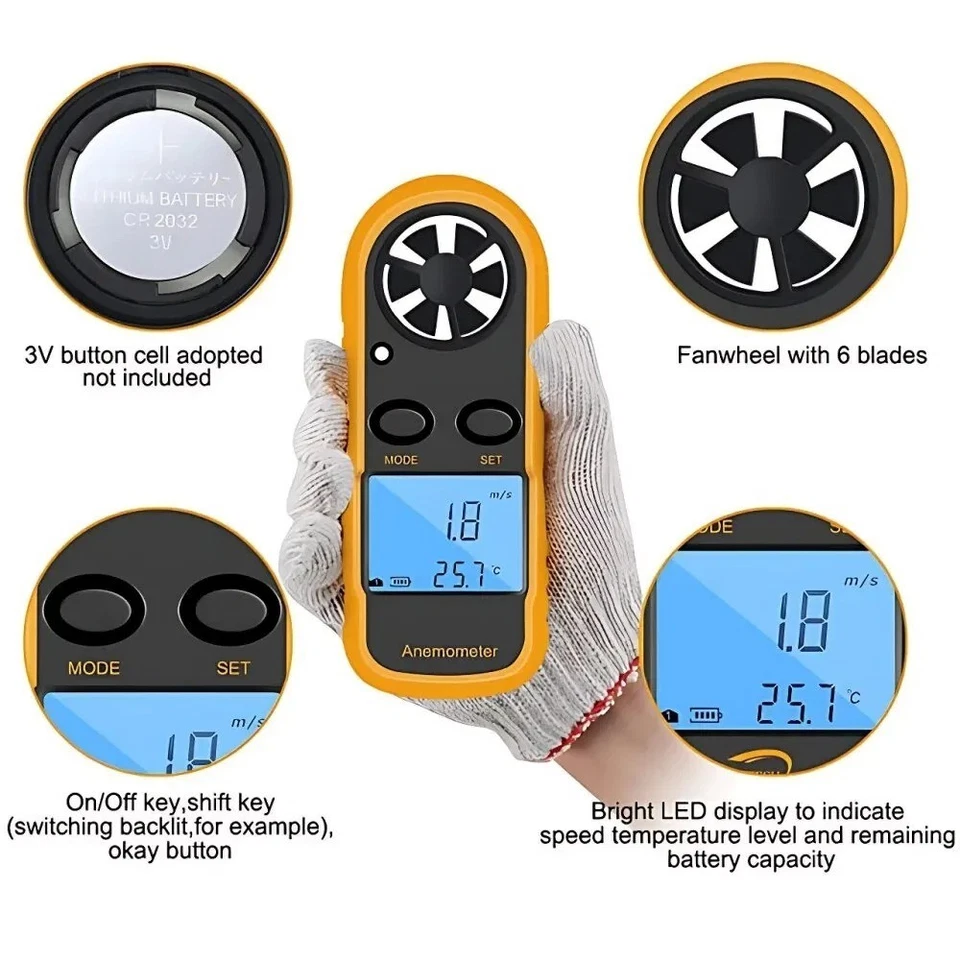 Digital Anemometer Air Flow Meter LCD Wind Speed Gauge Handheld Thermometer - Image 4 of 4