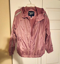 Reebok Women s Pink Nylon Windbreaker Jacket Hooded Full Zip Pockets L