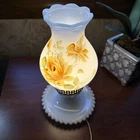 Vintage Bedside Milk Glass Hurricane Lamp Painted Yellow Rose Shade - 10.5" Tall