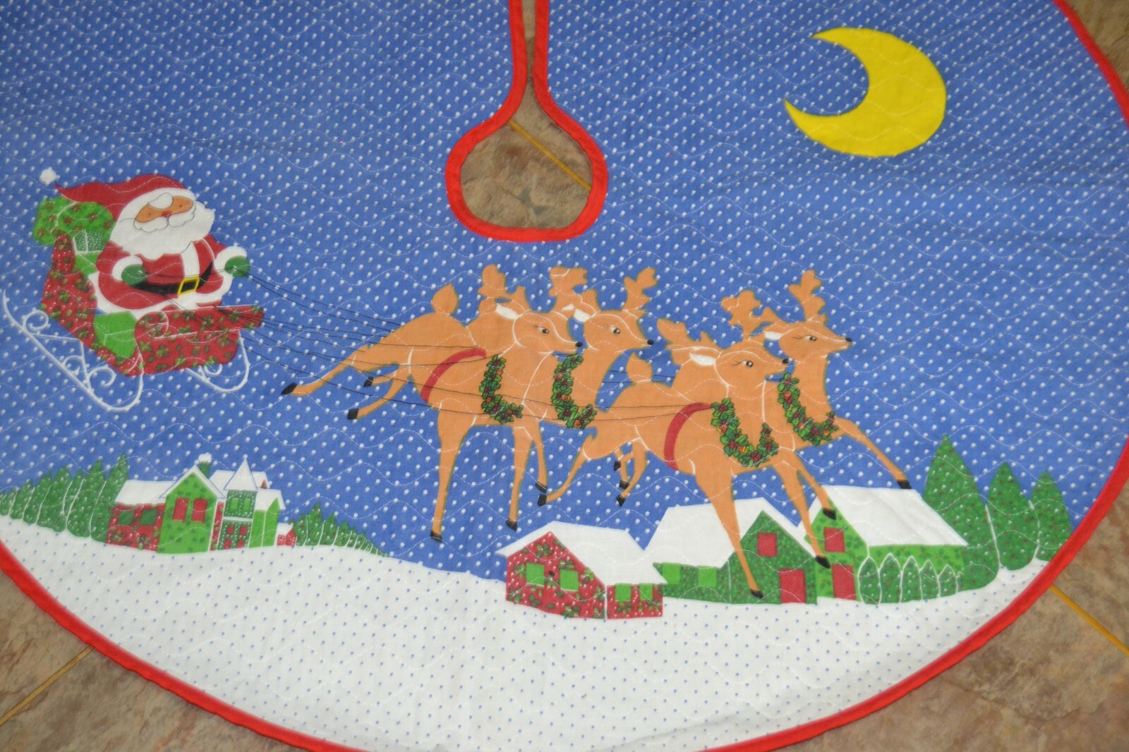 Christmas Tree Skirt Santa flying in his sleigh and Reindeer eBay