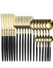 24Pcs Stainless Steel Cutlery Set, Gold Black Heavy 24Pcs Silverware Elegant