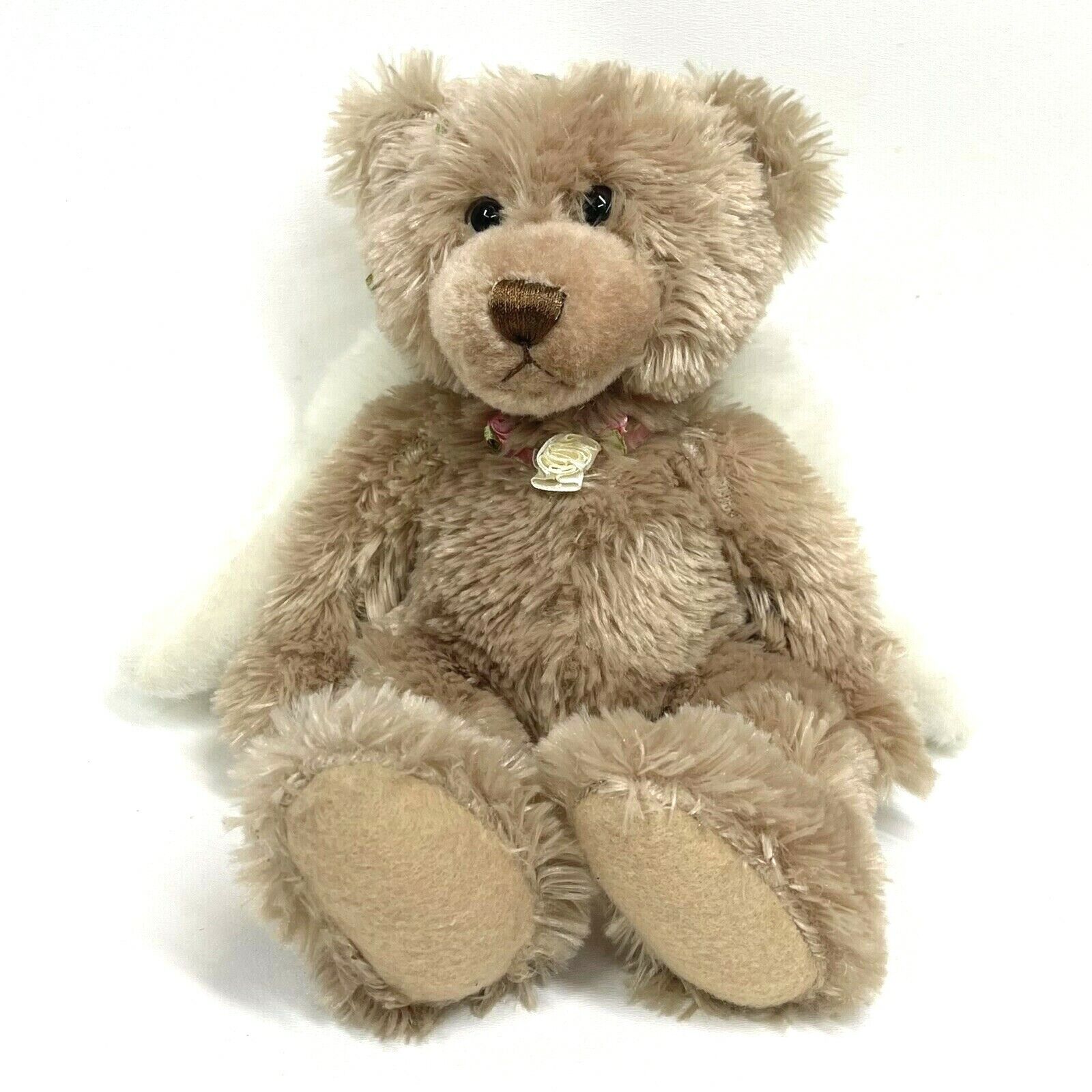 First & Main Plush Tan Fuzzy Angel Bears Teddy Roses White Wings Teddy 12” Tall