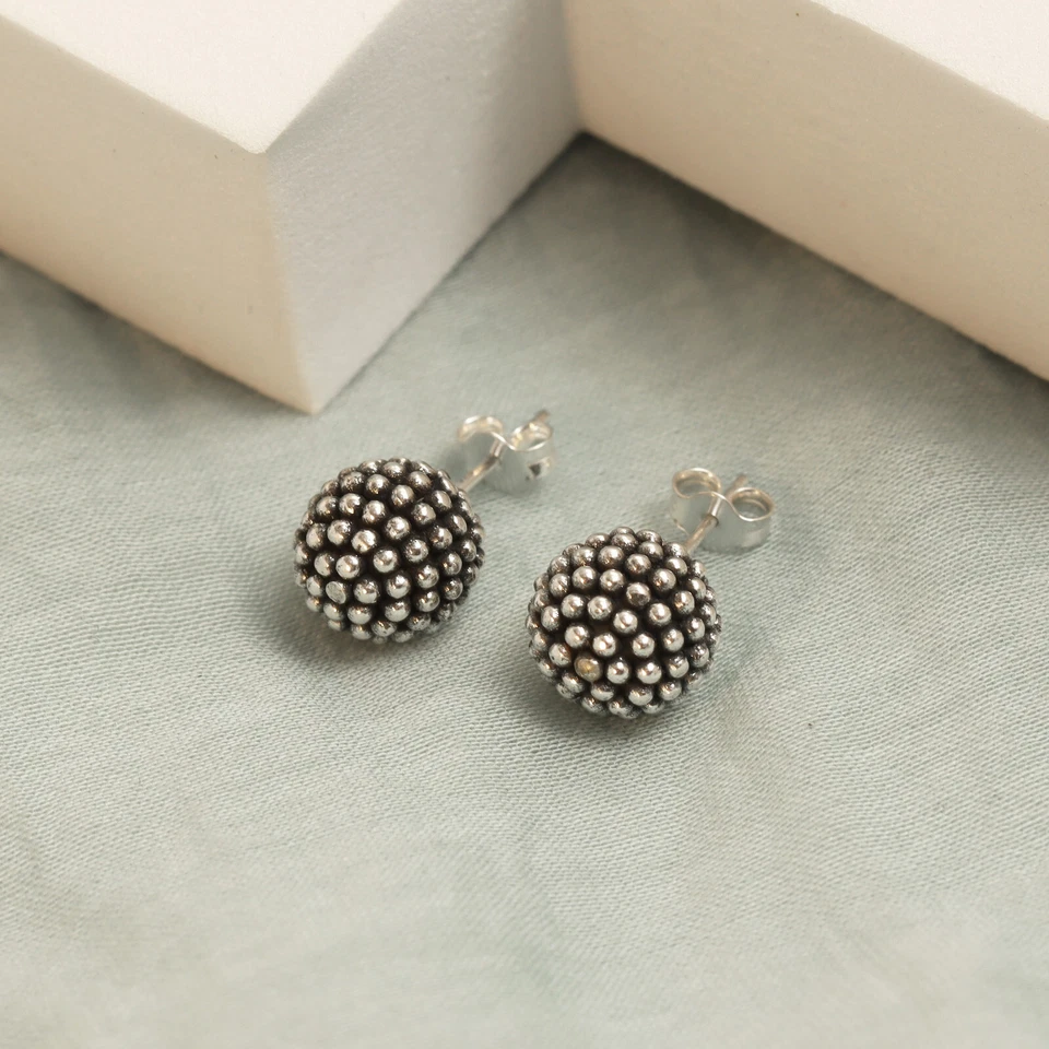 Pure 925 Sterling Silver Stud Earring Oxidized Caviar Beaded Ball Post for Women - Image 2 of 4