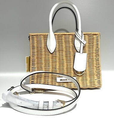 Michael Kors Mirella Small White Natural Straw Shopper Crossbody Satchel Bag