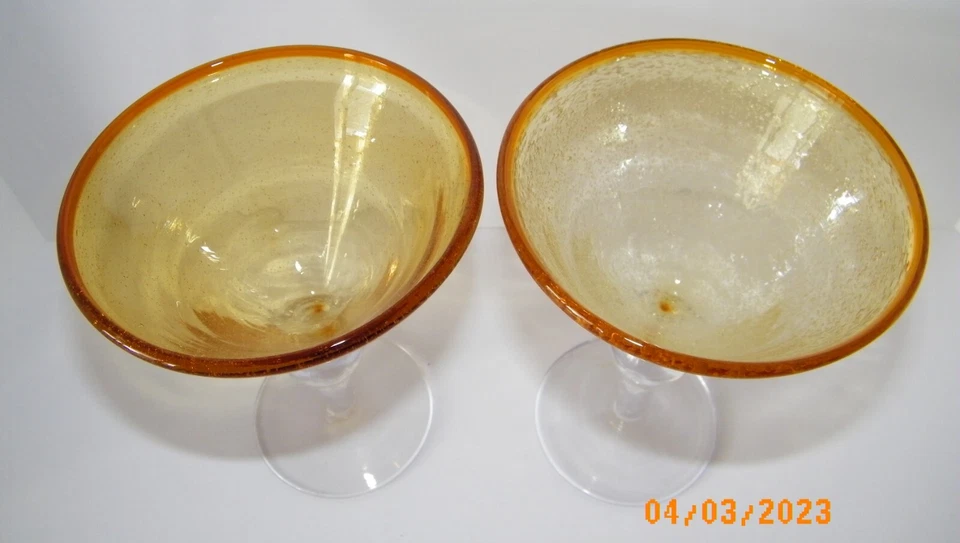 Copas de margarita de vino mexicano soplado a mano con borde marrón cobre color usado en excelente estado Foto 2 de 3