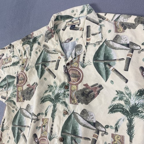Tommy Bahama Short Sleeve 100% Silk Button Up Mens XL Cigar Print Ivory EUC