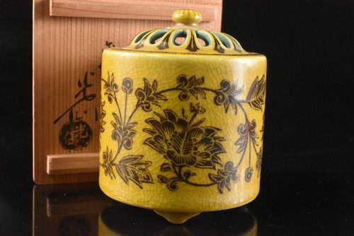 T1794: Japanese Kutani-ware Colored porcelain INCENSE BURNER, auto w/signed box