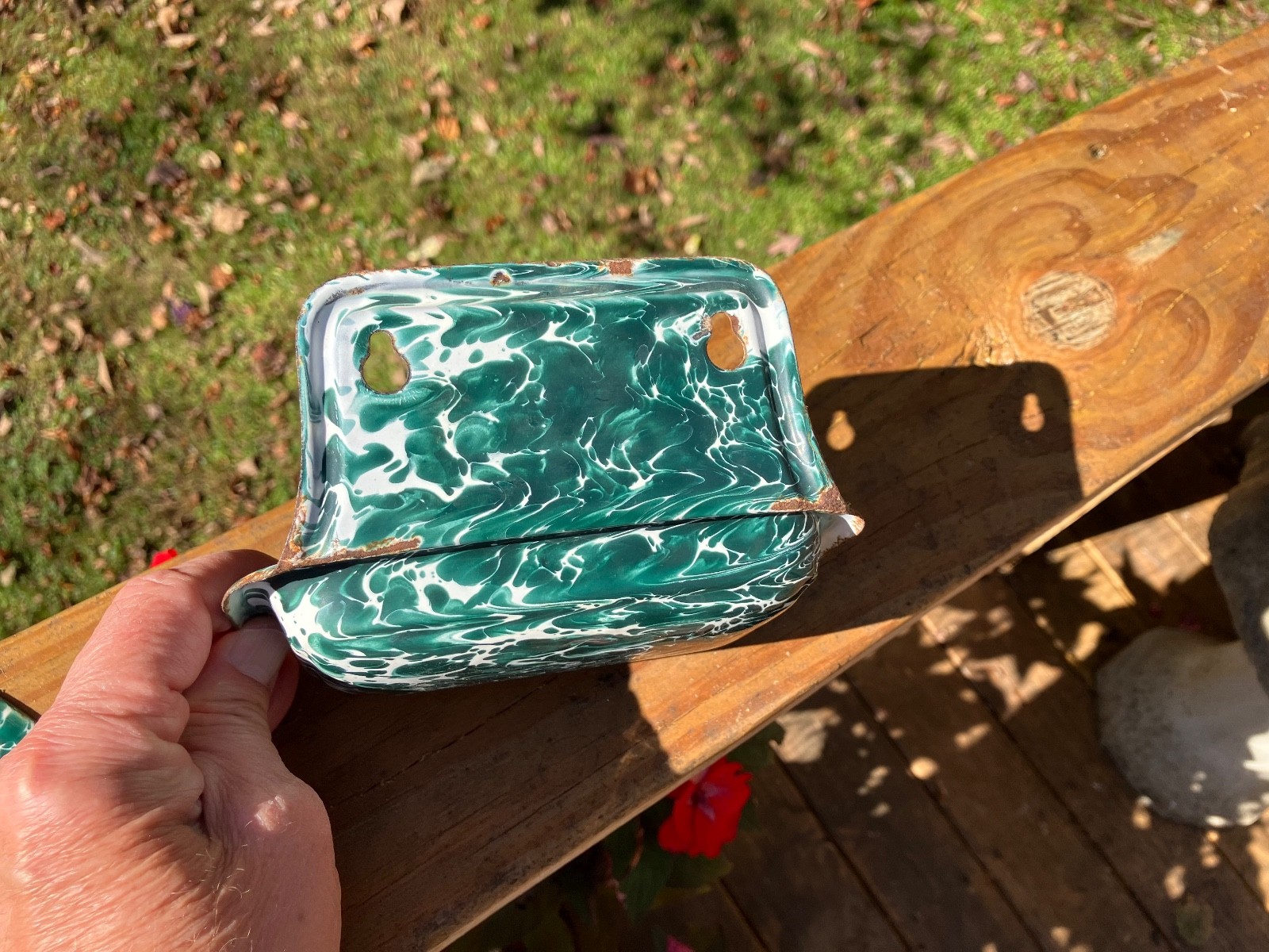 Antique Graniteware Enamelware Green & and White Swirl Soap Dish Wall Mount