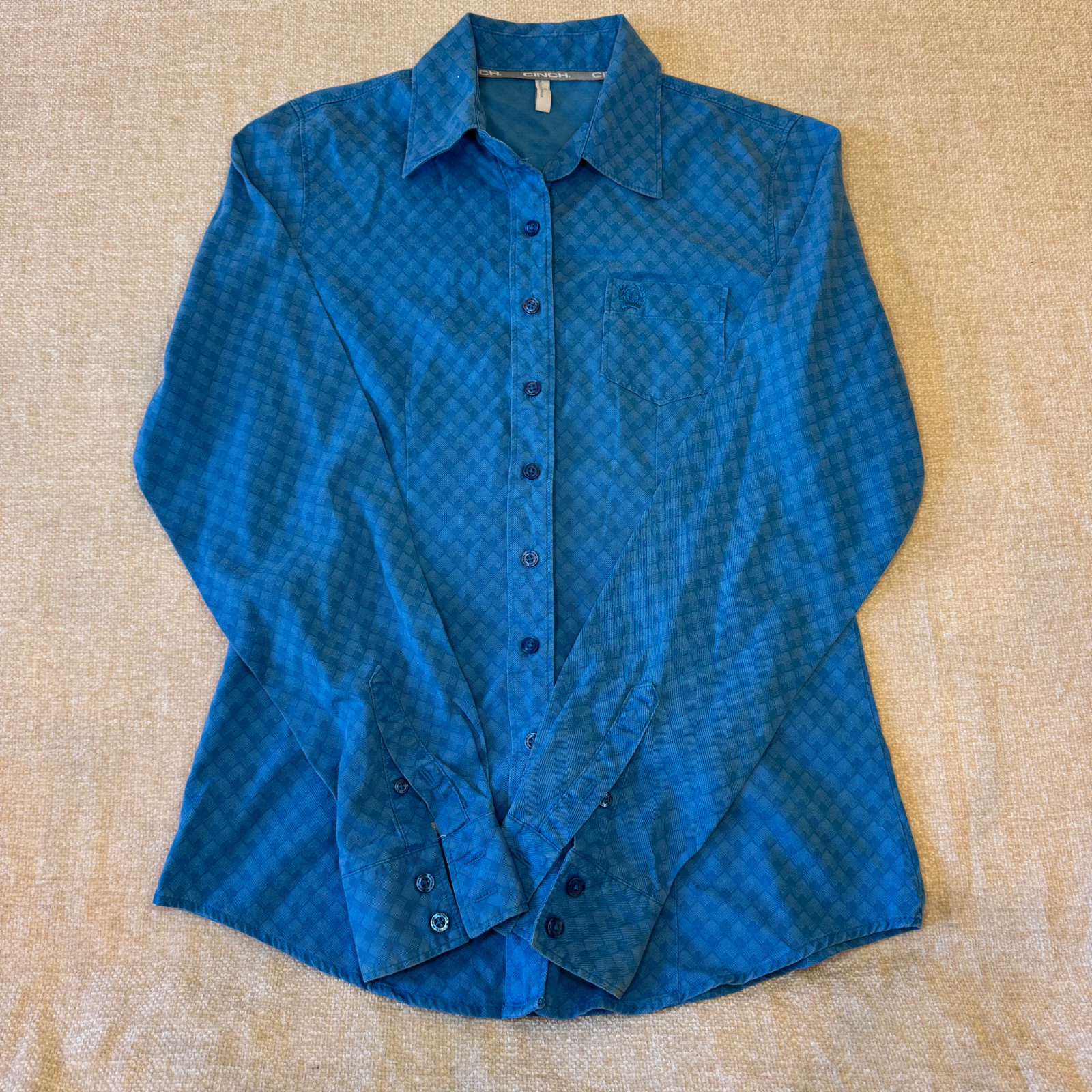 Cinch Woven Diamond Pattern Blue Button Down Shir… - image 1