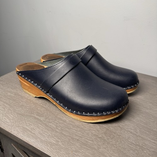 Troentrops Toffelfabrik Swedish Clogs Navy Blue Size 38 US 8 Leather Wood Shoes
