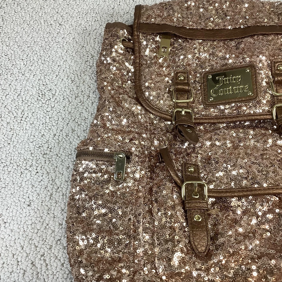 Juicy Couture Backpack Bag Womens One Size Rose Gold Sequin Metallic Logo Flap - Image 4 of 4