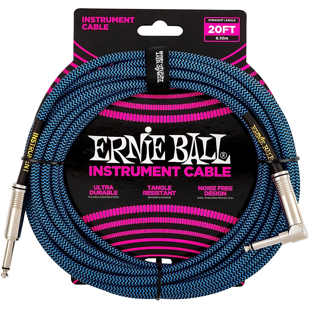 Ernie Ball 20ft Braided Straight Angle Instrument Cable 20 ft BlackBlue 6390₽