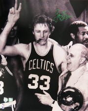 Larry Bird Signed Boston Celtics Celebration w/ Auerbach B W 16x20 Photo- SS COA