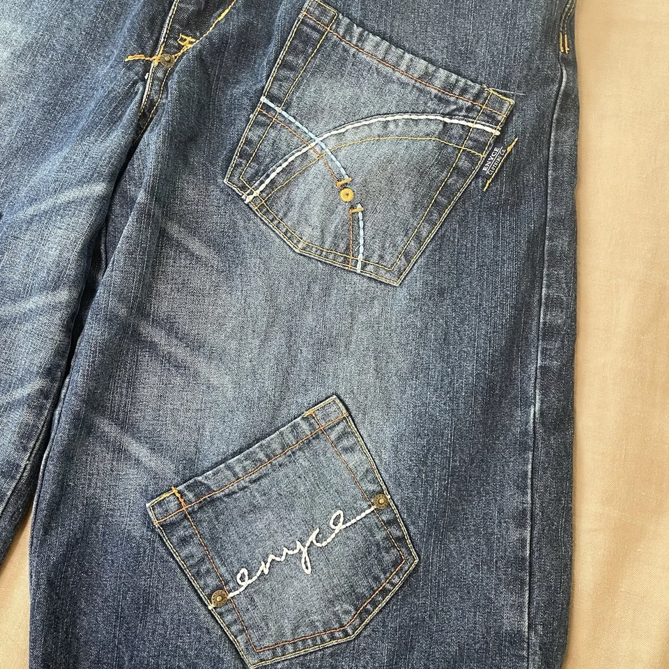 ENYCE Vintage Jean Shorts Y2K Embroidered Grunge Jorts Size 32 Skate Baggy Denim - Image 3 of 4