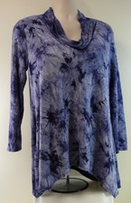 Cha Cha Vente blue Tie Dye cowl neck tunic top shirt long sleeve MADE IN USA XL
