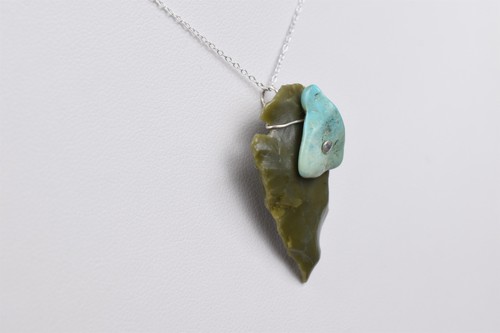 Sterling Jasper Arrowhead Pendant w/ Turquoise Nugget Accent 18 in Chain - Picture 9 of 13