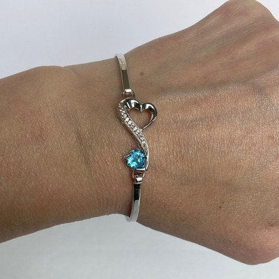 Sterling Silber 925 Krappen Set Blautopas Herz Oval Scharnier Armreif Armband 7''