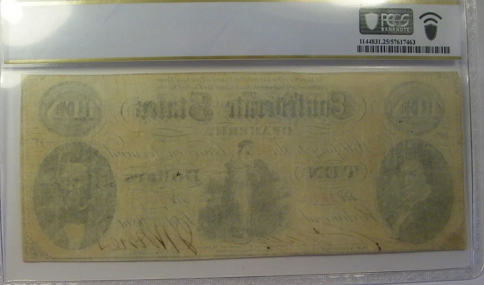 T-25 $10 1861 Confederate States Civil War Banknote Currency, PCGS VF25 - Image 2 of 2