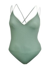 Reebok Women's Twin-Strap Piping-Trim One-Piece Swimsuit L, Green 
