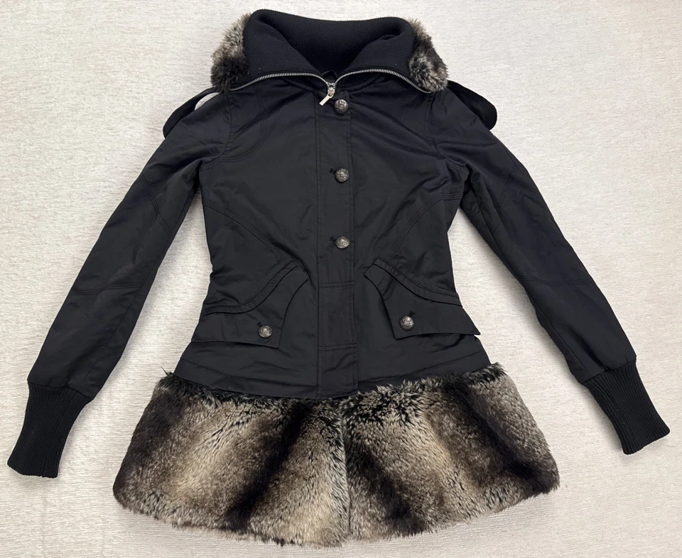 Винтажный Y2K 2000-х Bebe меха отделки расклешенный Куртка Пальто XS - Изображение 2 из 4