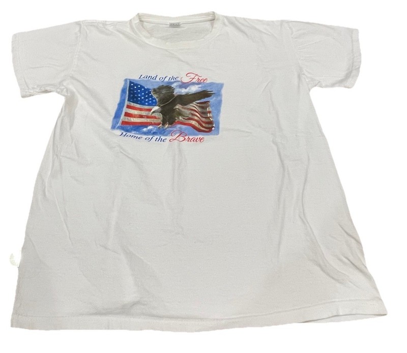 Land of the Free T-Shirt White Large Washed 100% Cotton 24” Back