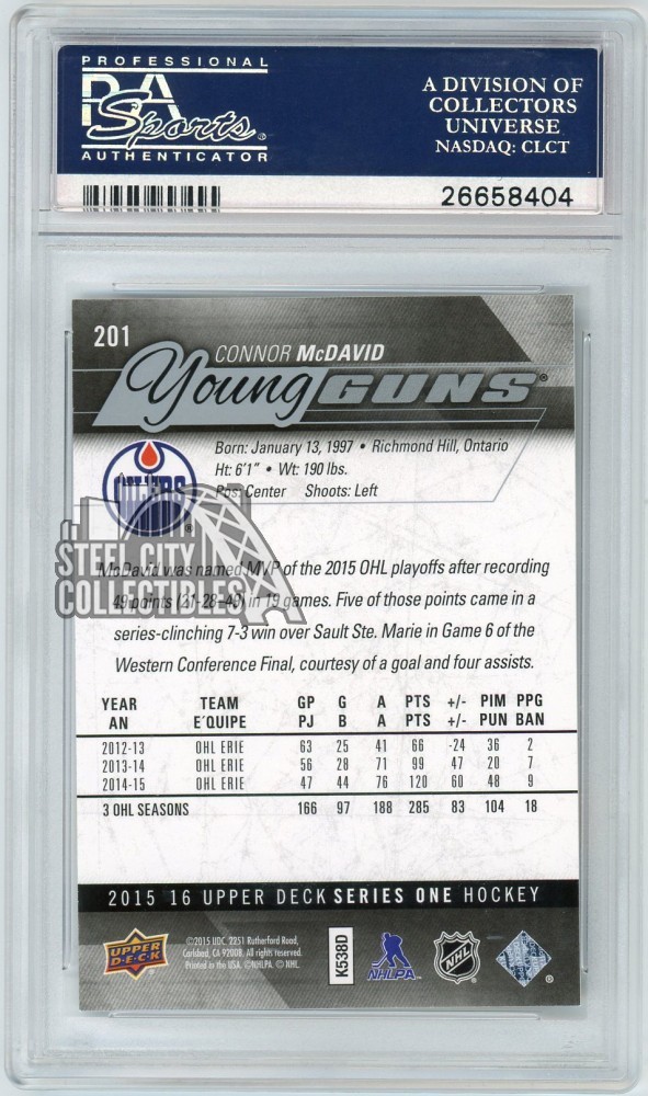 Connor McDavid 2015-16 Upper Deck Series 1 Young Guns Rookie Card #201 PSA 10 view 2