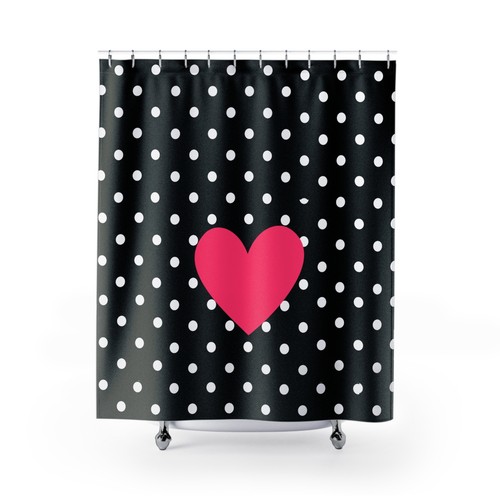 Black with White Polka Dots and Pink Heart Shower Curtain, Stylish Bath Decor - Picture 2 of 5