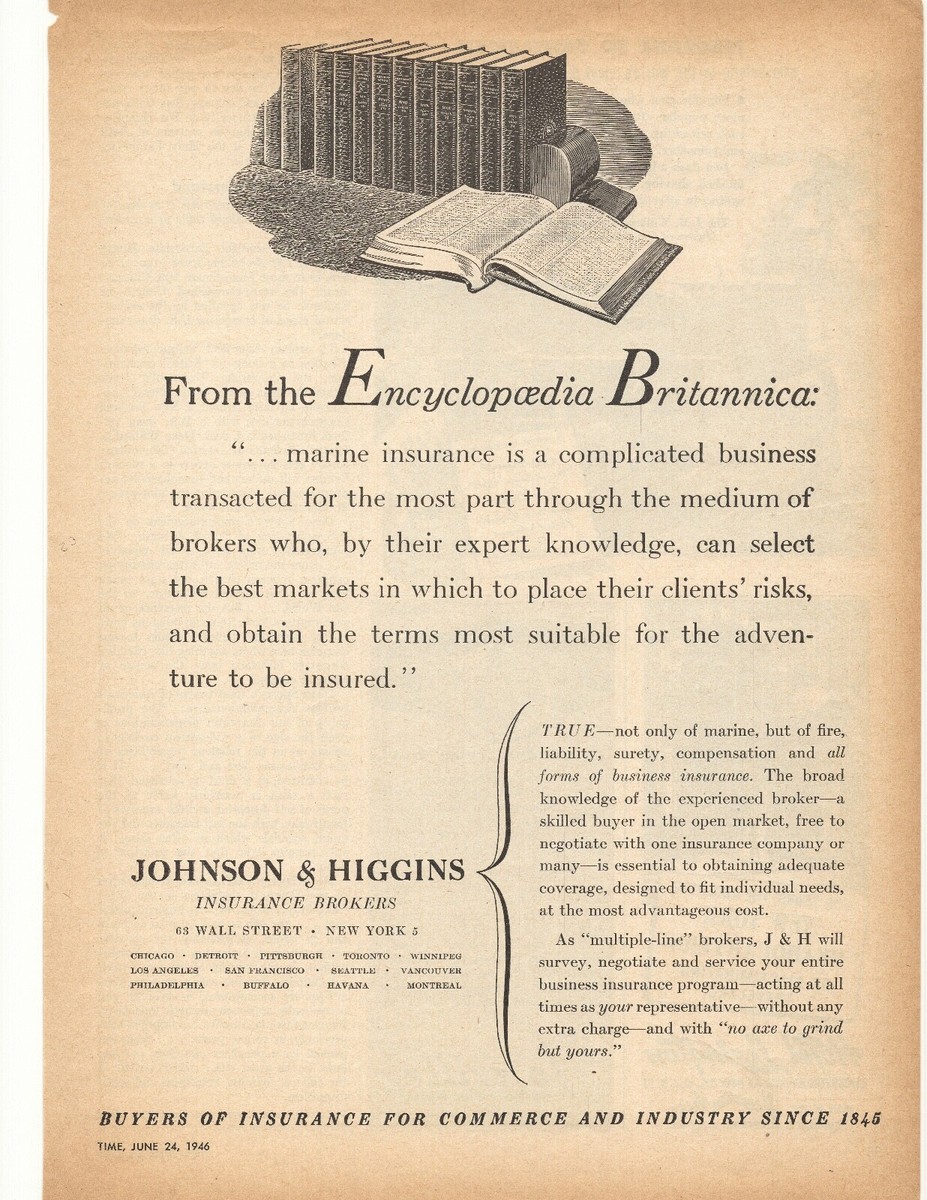 1946 Johnson &amp; Higgins Insurance Brokers Advertisement | eBay