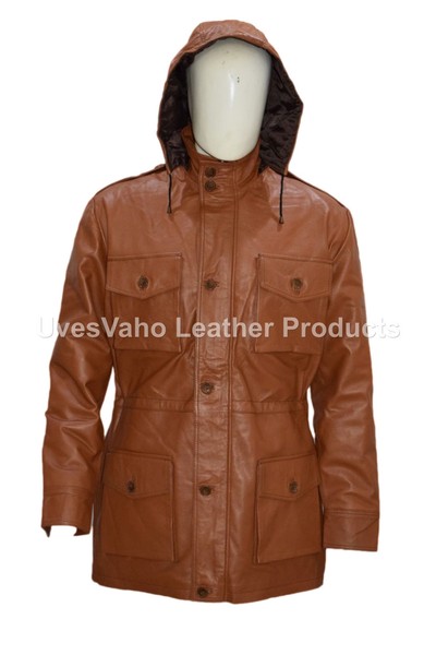 Herren Neu Designer Hellbraun Echt Lammleder Echtleder Jacke Mit Kapuze-image