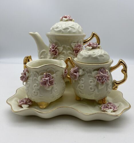 Pink Roses Porcelain Miniature Tea Set - Cracker Barrel. - Picture 2 of 12