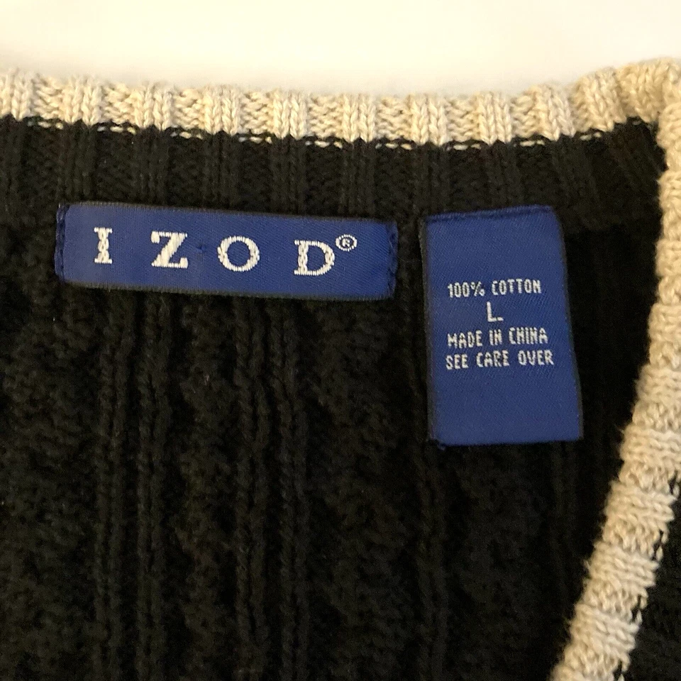 IZOD мужской кабель вязаный свитер жилет рубашка большой V шеи черный бежевый отделки хлопок - Изображение 3 из 4