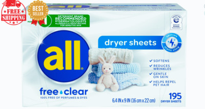 Fabric Softener Dryer Sheets for Sensitive Skin, Free Clear, 195 Count