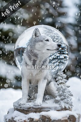 #ad Siberian Husky in an icy landscape with a snow globe a 4x6 Print $8.40