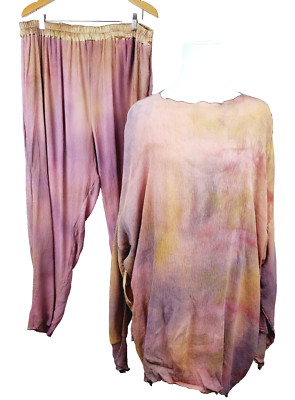 Dova Silks Womens XL Pants & Tunic Top Set Art to Wear Lagenlook Unique Hand-dye