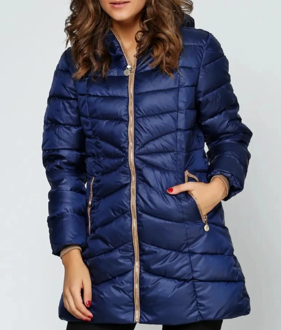 Women's Quilted Padded Puffer Jacket Ladies Jacket Warm Winter Long Coat Navy