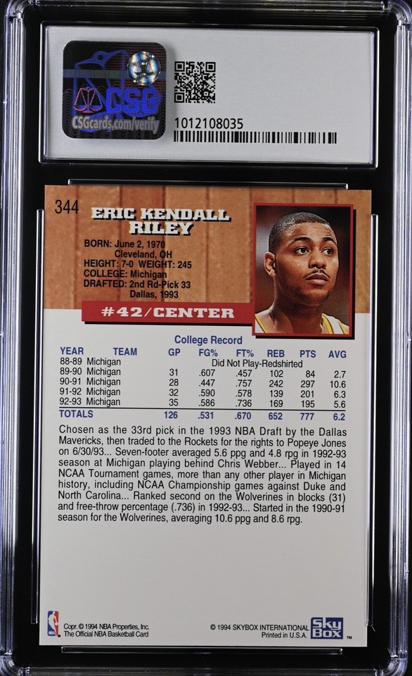 1993-94 Hoops Houston Rockets Basketball Card #344 Eric Riley RC CSG 9 ...