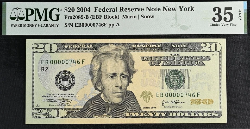 2004 $20 Federal Reserve Note PMG 35EPQ wanted low serial number 746 Fr 2089-B - Image 2 of 3