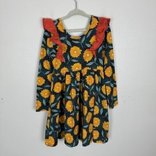 Rags Yellow Green Sunflower Floral Dress 5/6Y Ruffle Long Sleeve Orange