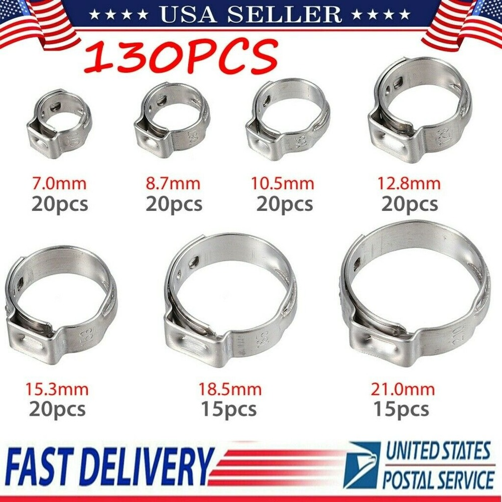 130 PCS Adjustable 7-21mm Hose Clamps 304 Stainless Steel Single Ear Clamp Rings