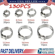 130 PCS Adjustable 7-21mm Hose Clamps 304 Stainless Steel Single Ear Clamp Rings