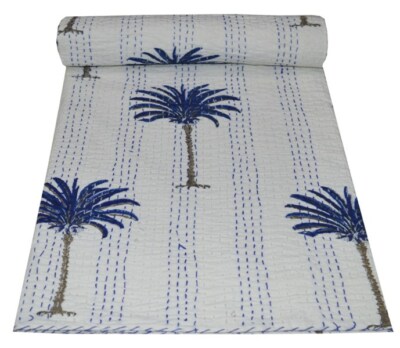 Indian Block Single Kantha Handmade Quilt Cotton Bed Cover Throw