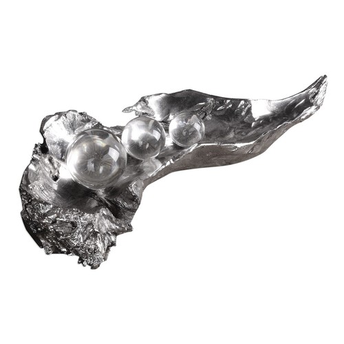 Abstract Silver Organic Leaf Sculpture | Glass Spheres Contemporary Art Elegant - 第 1/2 張圖片