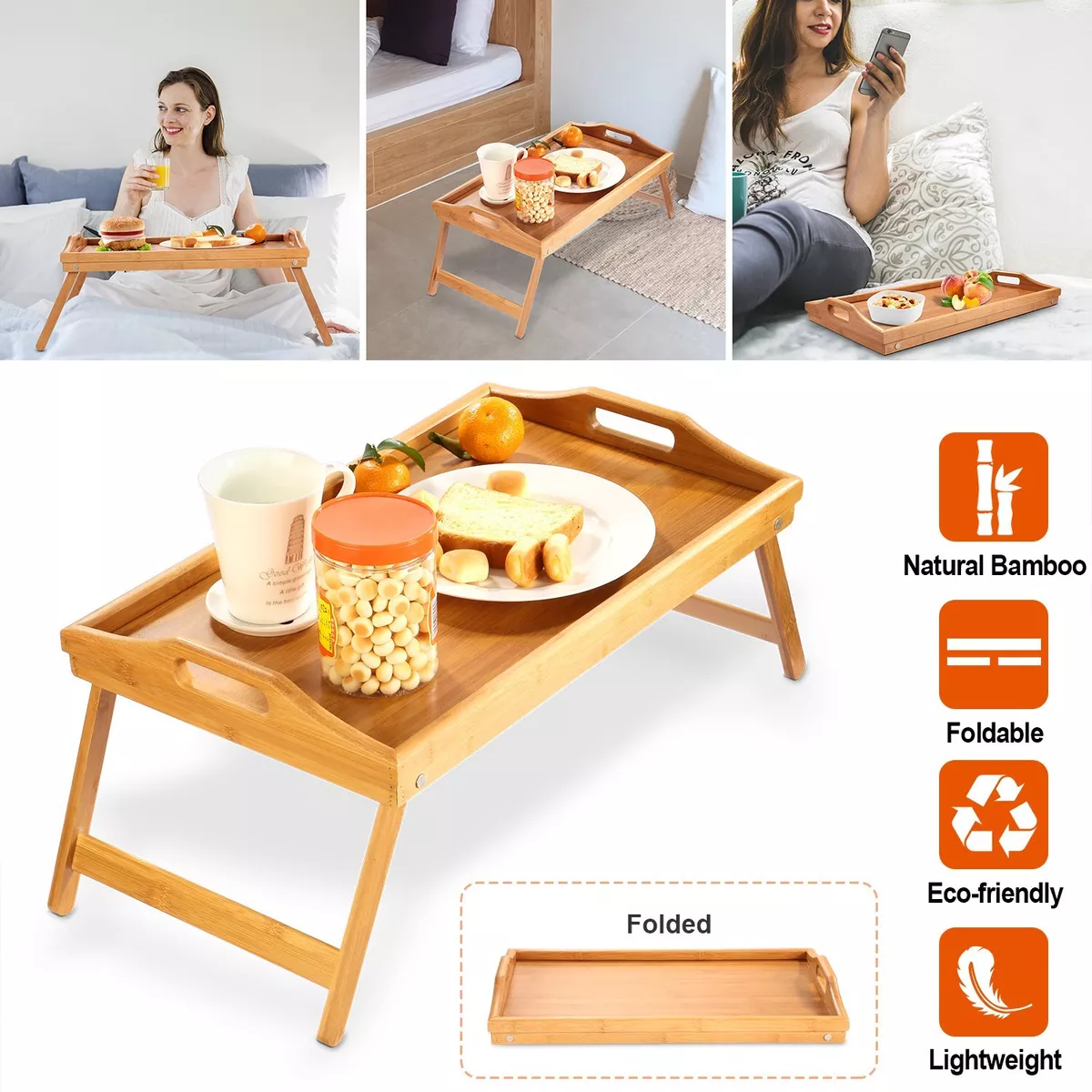 Foldable Bamboo Bed Tray Breakfast Table Serving Tray Bed Table Stand  Portable