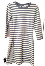 Gap Jr XS Knit T-Shirt Dress Striped 3/4 Sleeve Fitted Gray/Cream Pockets Zipper