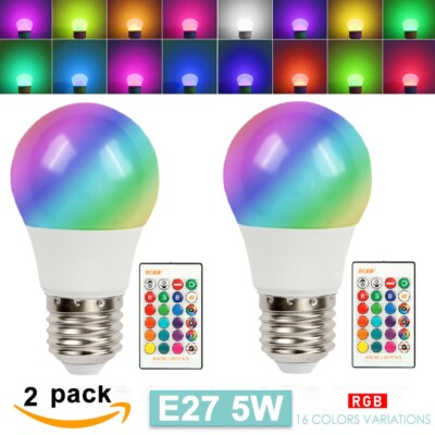 2pcs 16 Color Changing Light Bulbs with Remote Dimmable LED Light Bulb E27 Base