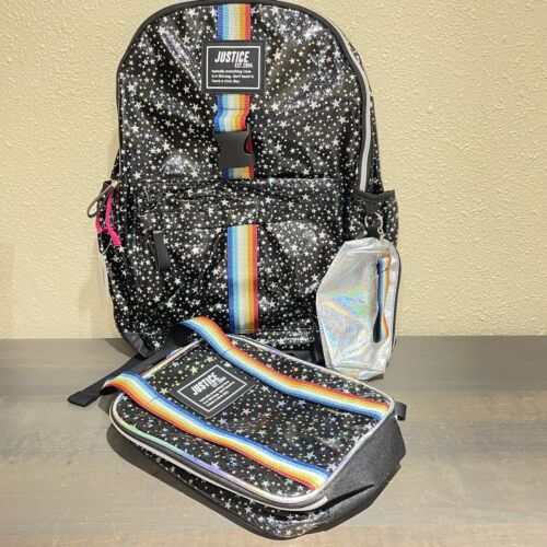 Sac à dos Justice sac d'école + sac à lunch + porte-clés crayon noir argent étoile neuf avec étiquettes - Photo 1/7