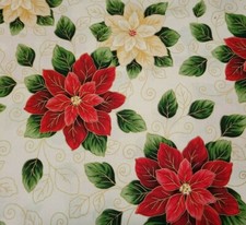 Yuletide Poinsettia Print BTY VIP Christmas Red Tan Floral on Ecru